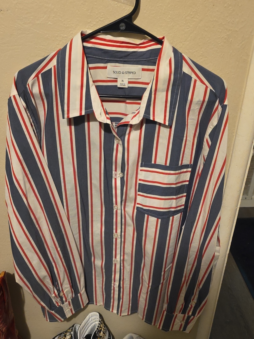 SOLID & STRIPED Navy, White & Red Striped Button-Down Shirt